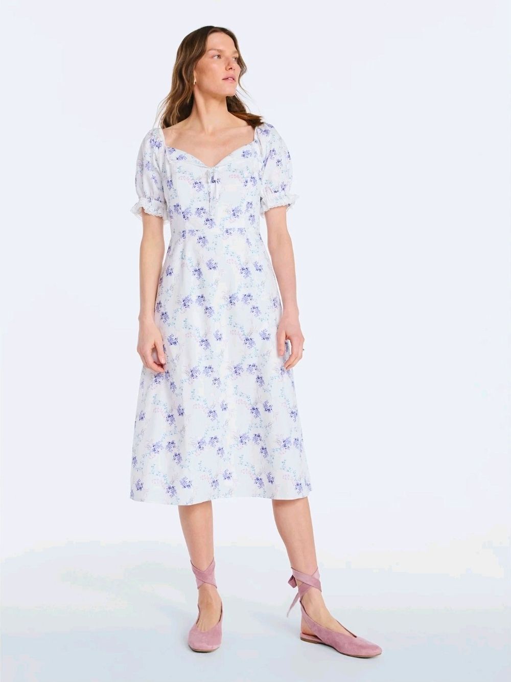 Women's Scoop Cotton Linen Whote Floral Lace Collar Puff Sleeve Dress, NEW